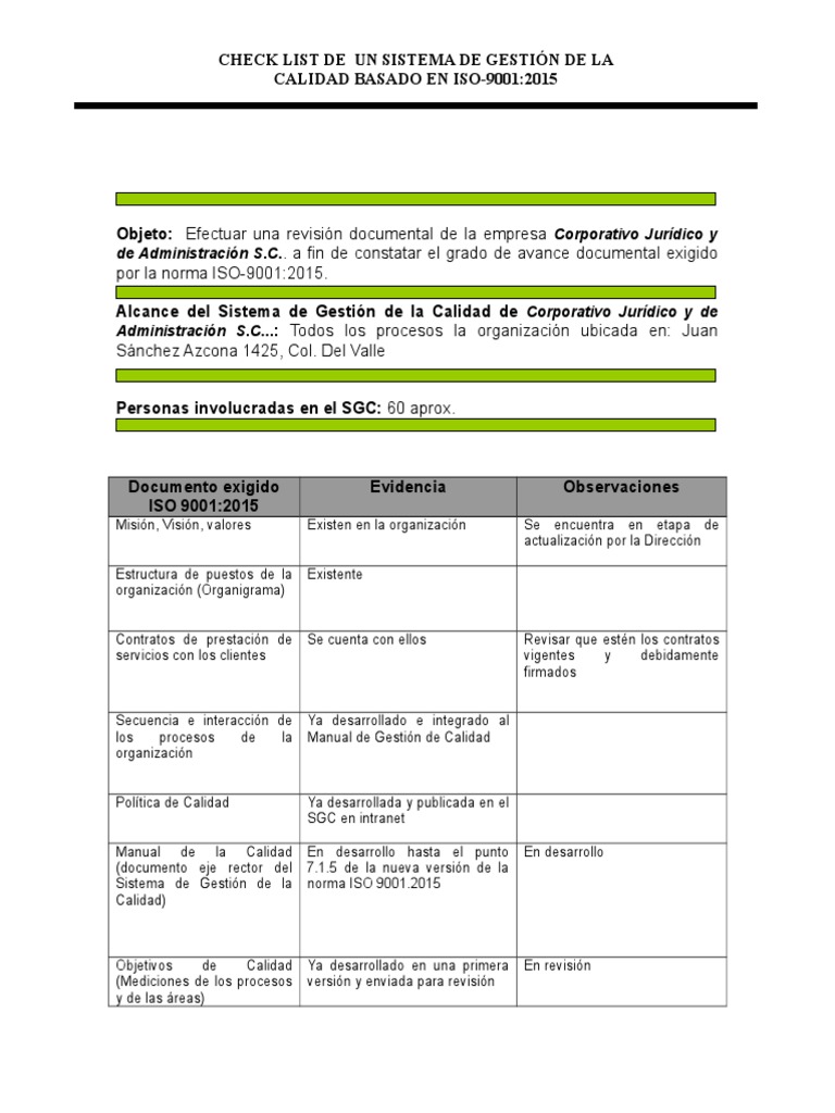 Check List ISO 9001:2015 Calidad | PDF | Calidad (comercial) | Auditoría