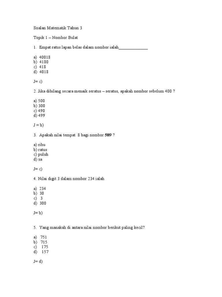 Soalan Matematik Tahun 3(BM)