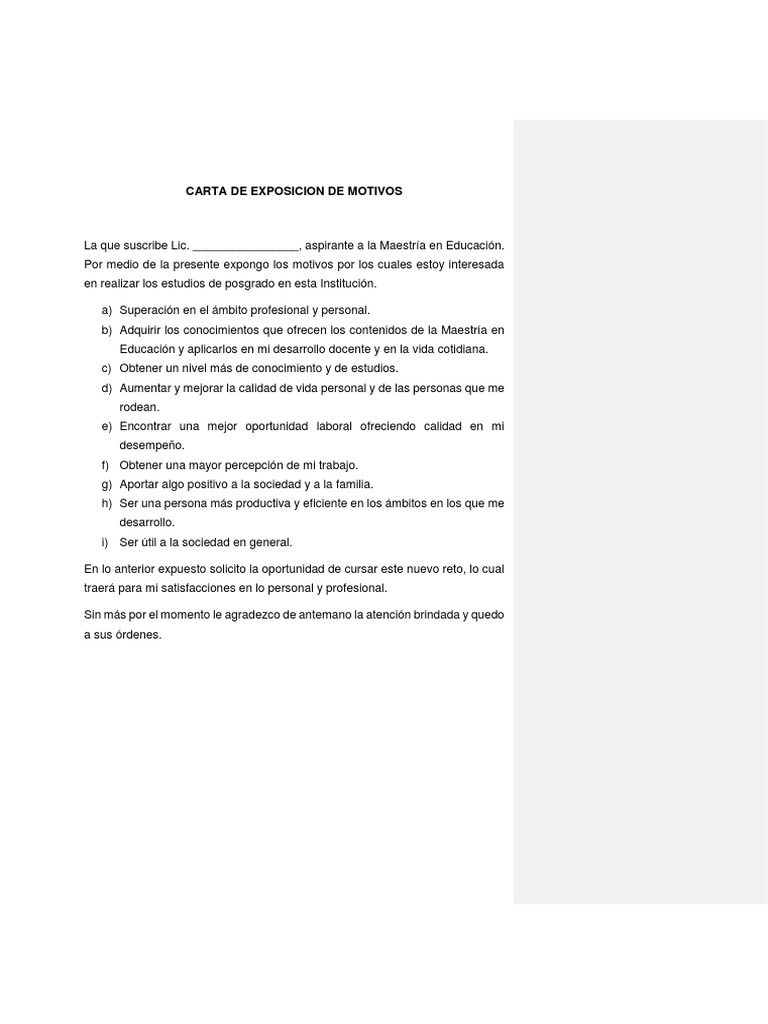 Plantilla Carta de Exposicion de Motivos  Cambio  Psicología