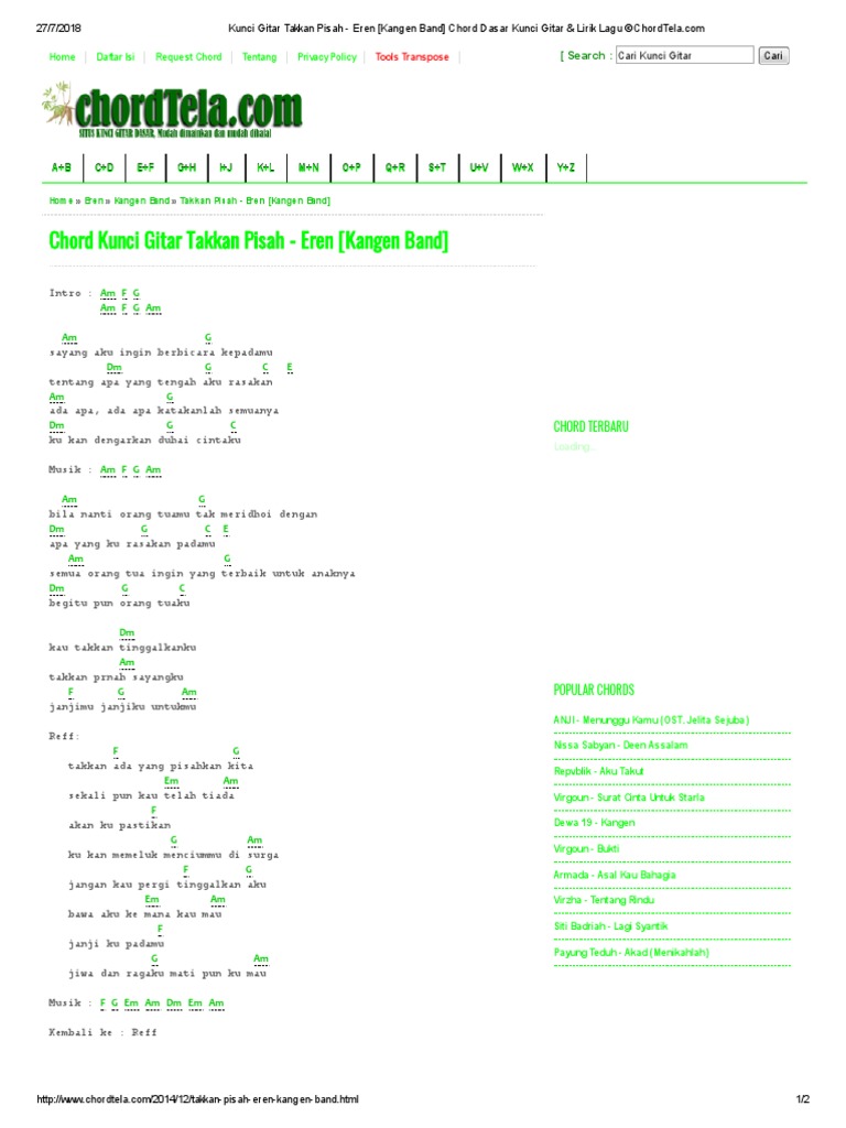 Kunci Gitar Takkan Pisah Eren Kangen Band Chord Dasar Kunci Gitar Lirik Lagu C Pdf