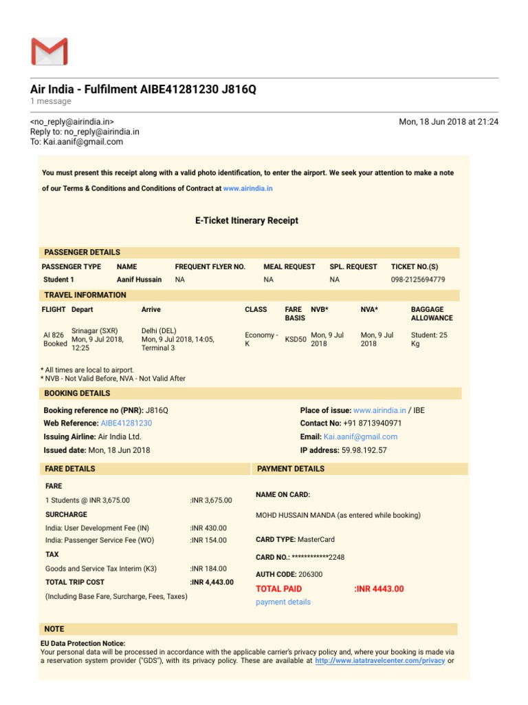 Air India Booking Reference No