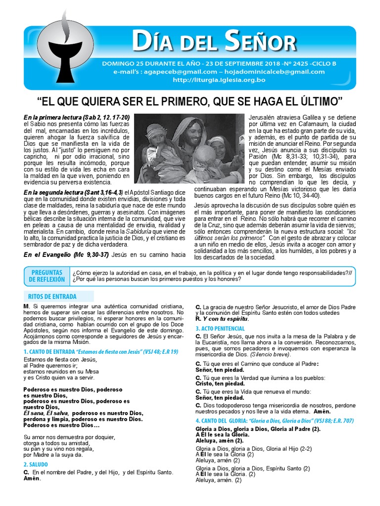 Hoja Dominical Del Domingo 9 de Setiembre eucaristía Misa (liturgia