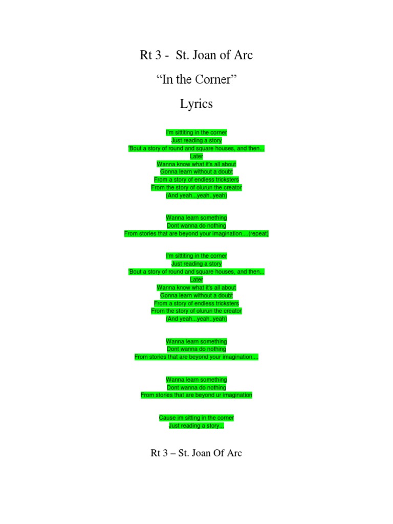 RT 3 St. Joan of Arc "In The Corner" Lyrics PDF