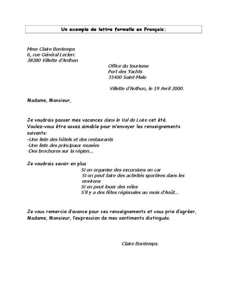 Un Exemple De Lettre Formelle En Francais