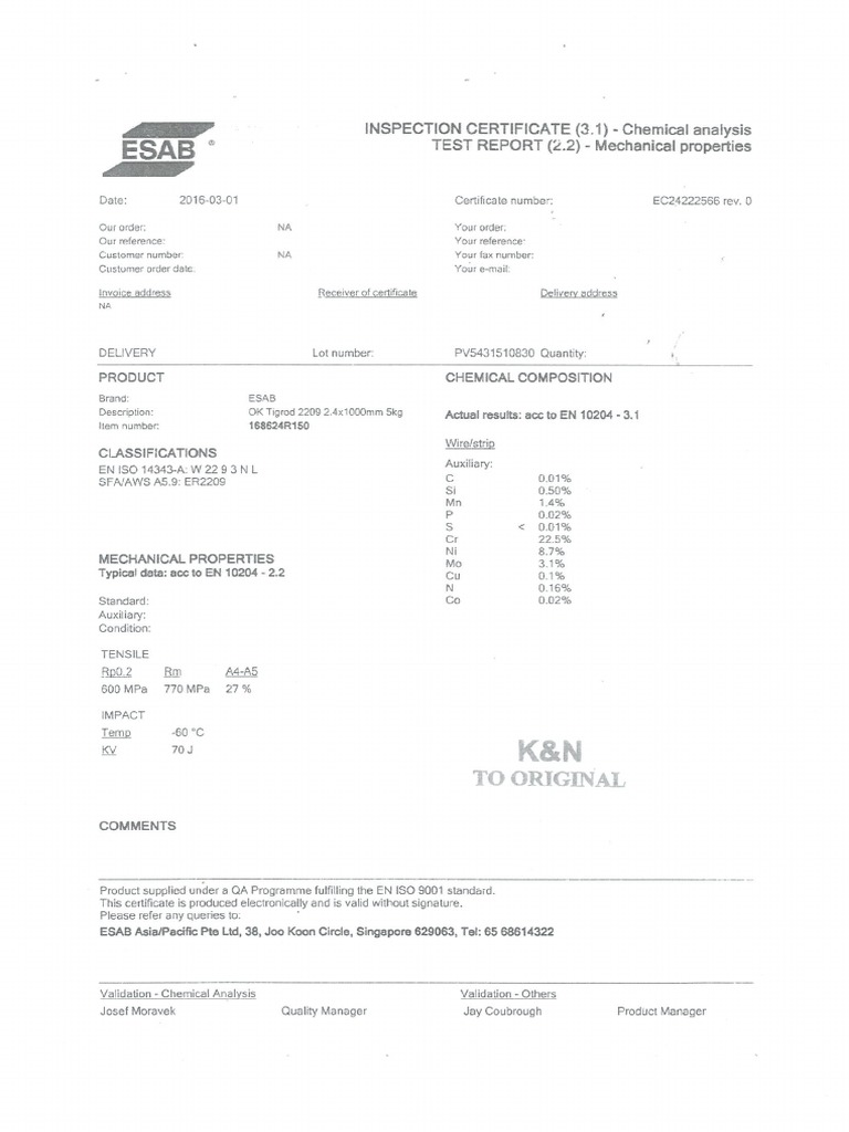 ESAB-Inspection Cert & Test Report | PDF