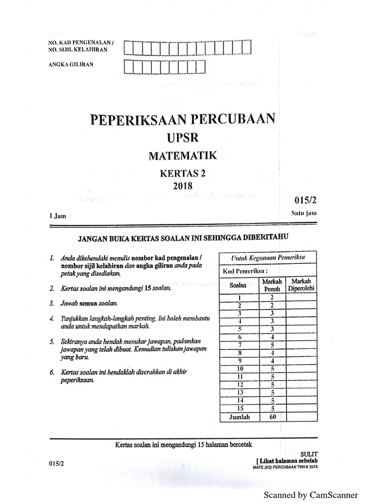 Soalan Percubaan Upsr 2018 Matematik Negeri Kelantan Kertas 2 Pdf
