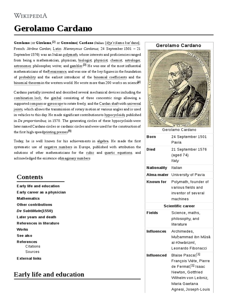 Gerolamo Cardano PDF | PDF | Teaching Mathematics | Science
