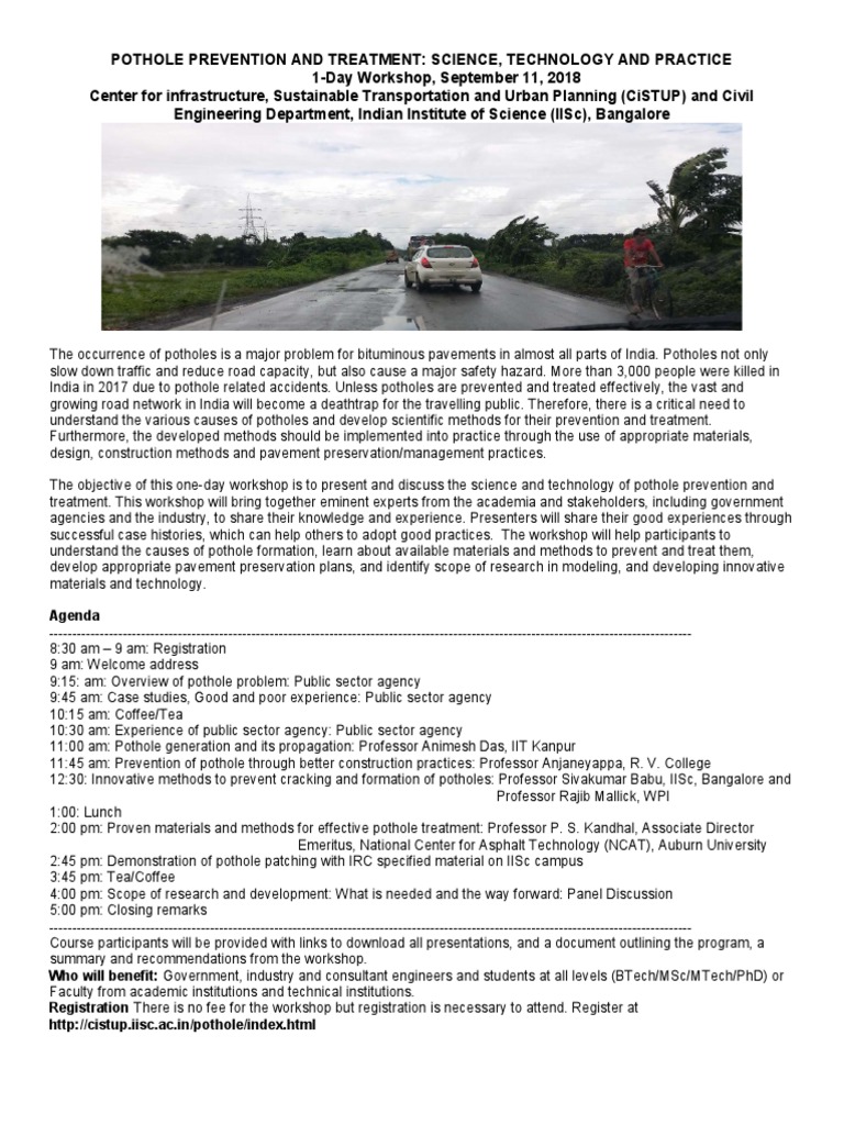 Pothole Workshop at IISC Bangalore On 11 September 2018 - Program PDF ...