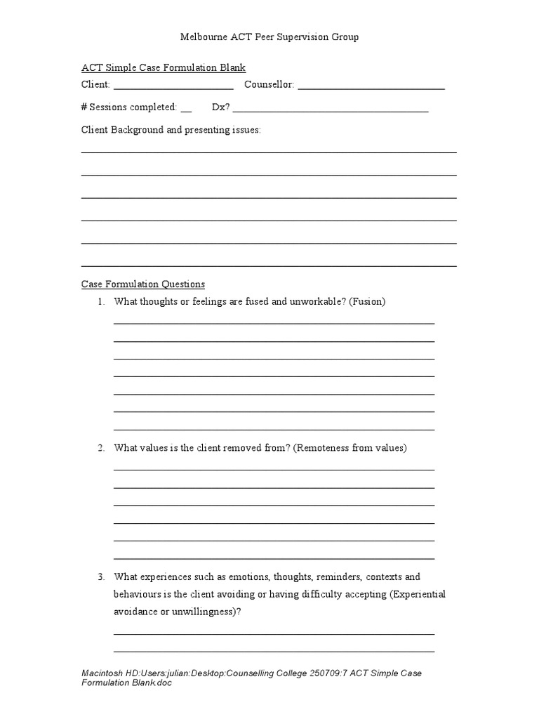 ACT Simple Case Formulation Template | PDF | Psychology | Behavioural ...
