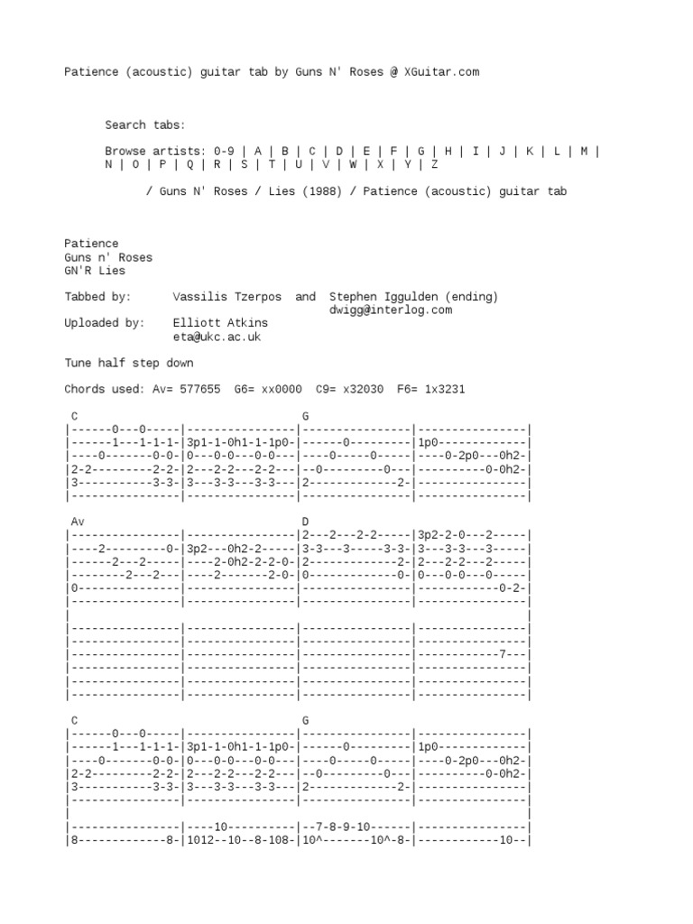 Patience (Acoustic) Guitar Tab by Guns N' Roses at XGuitar - Com | PDF ...
