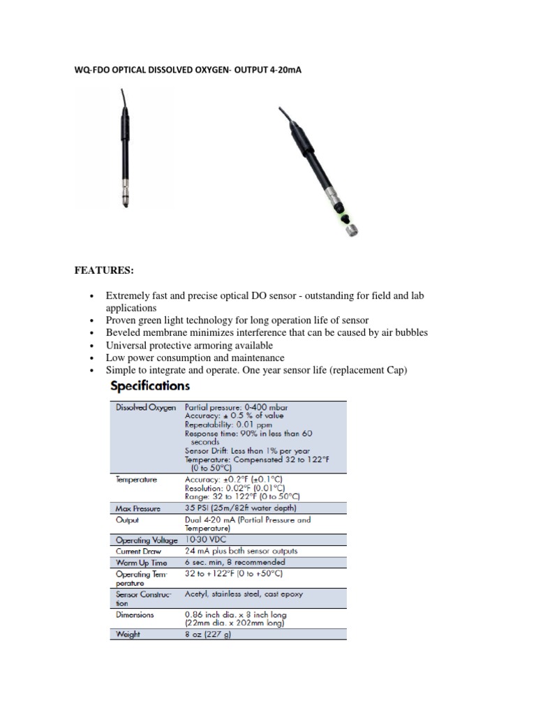 Optical Dissolved Oxygen Sensor Features | PDF