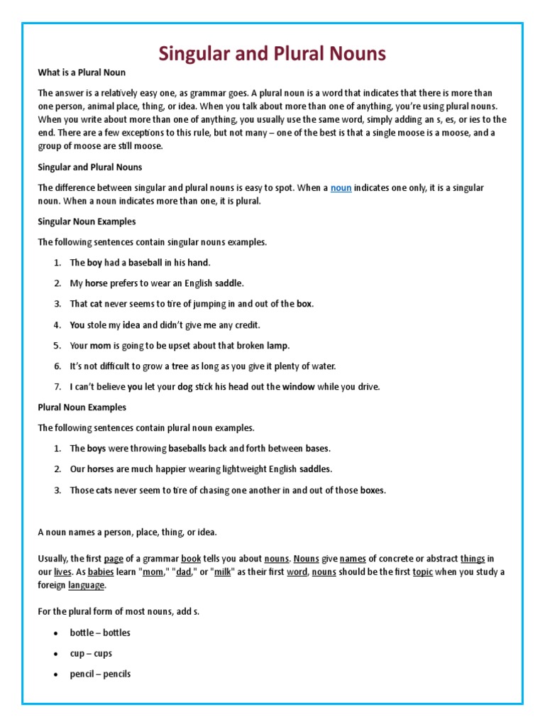 Singular and Plural Nouns | PDF | Plural | Grammatical Number