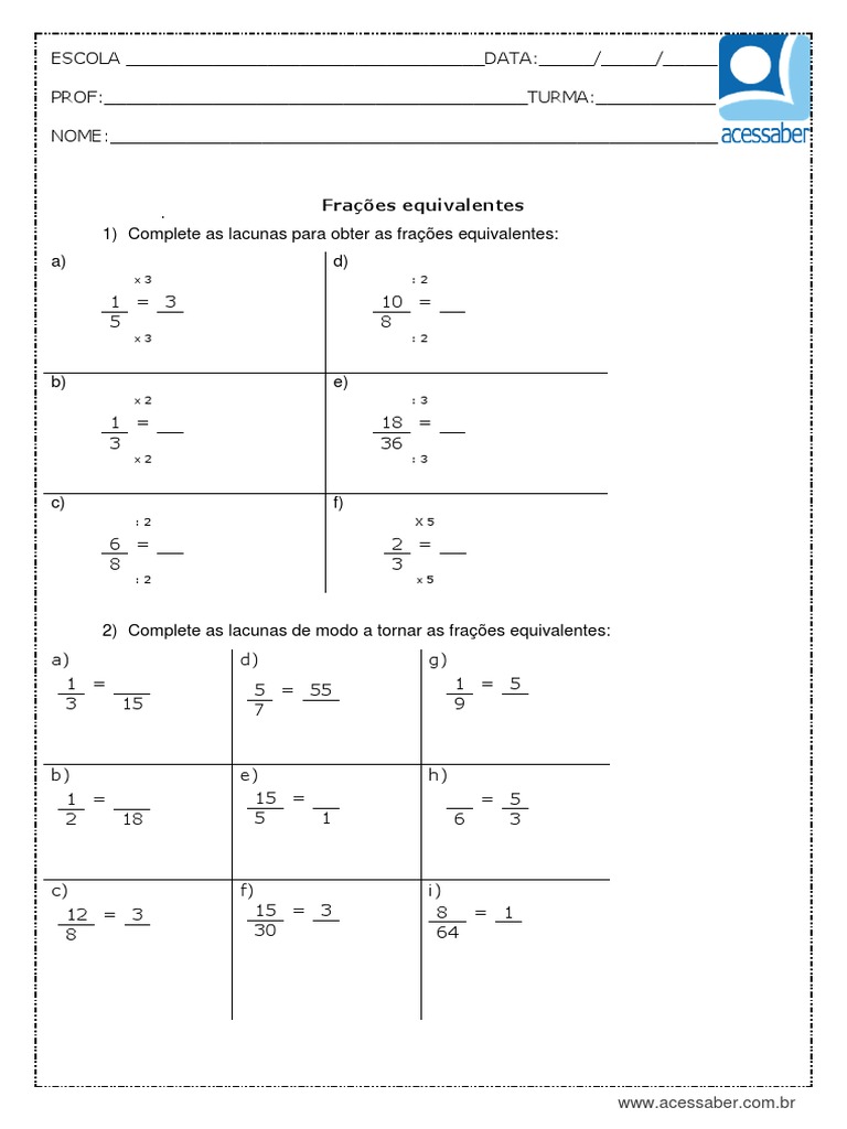 Frações equivalentes: exercícios de completar lacunas | PDF