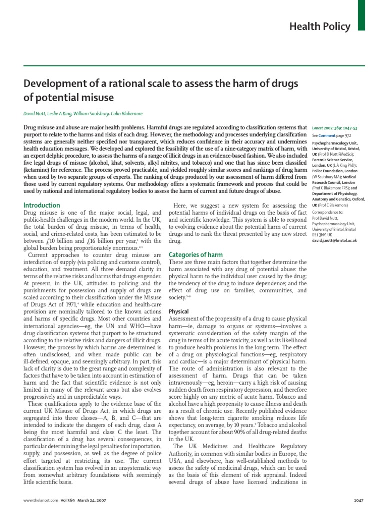 Nutt Study, Lancet, Harm of Drugs PDF Substance Abuse Substance