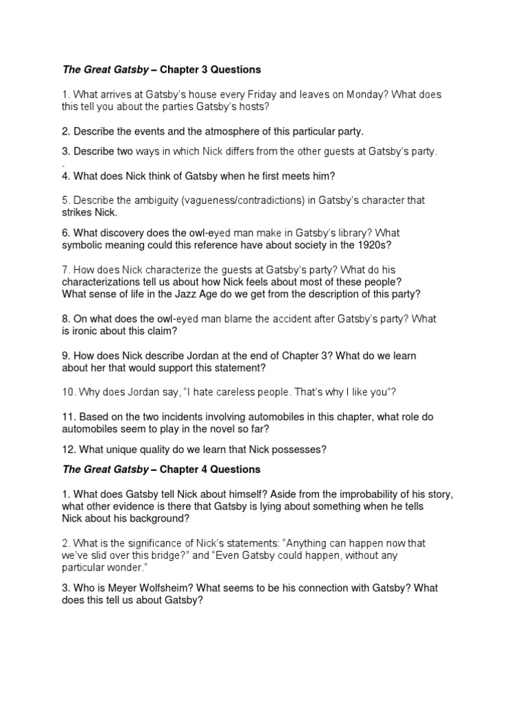 The Great Gatsby Chapter Questions PDF The Great Gatsby