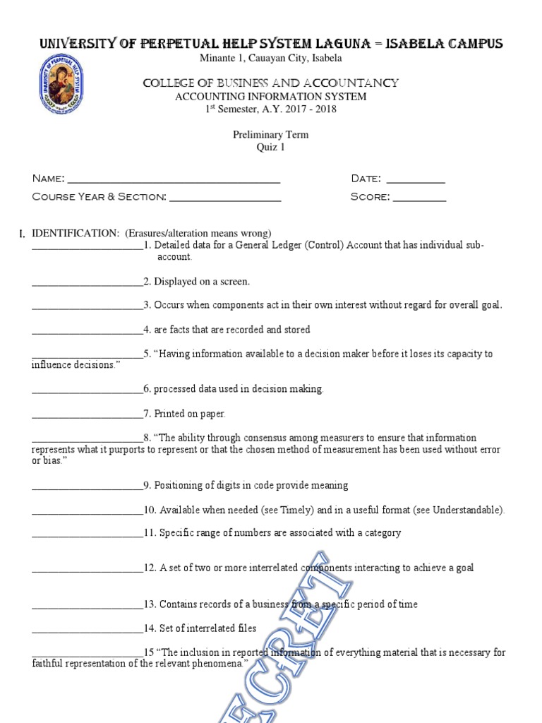 Accounting Information System QUIZ 1 PDF Information System