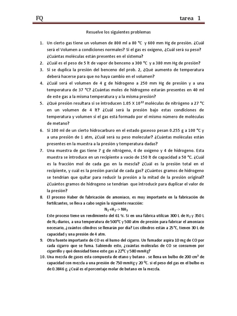 Tarea 1 Gases Ideales | PDF | Gases | Fases de la materia