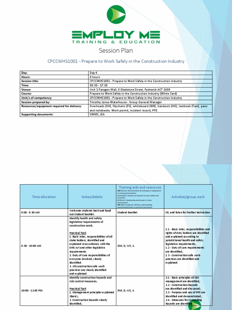 CPCCWHS1001 White Card Training Guide | PDF | Occupational Safety And ...