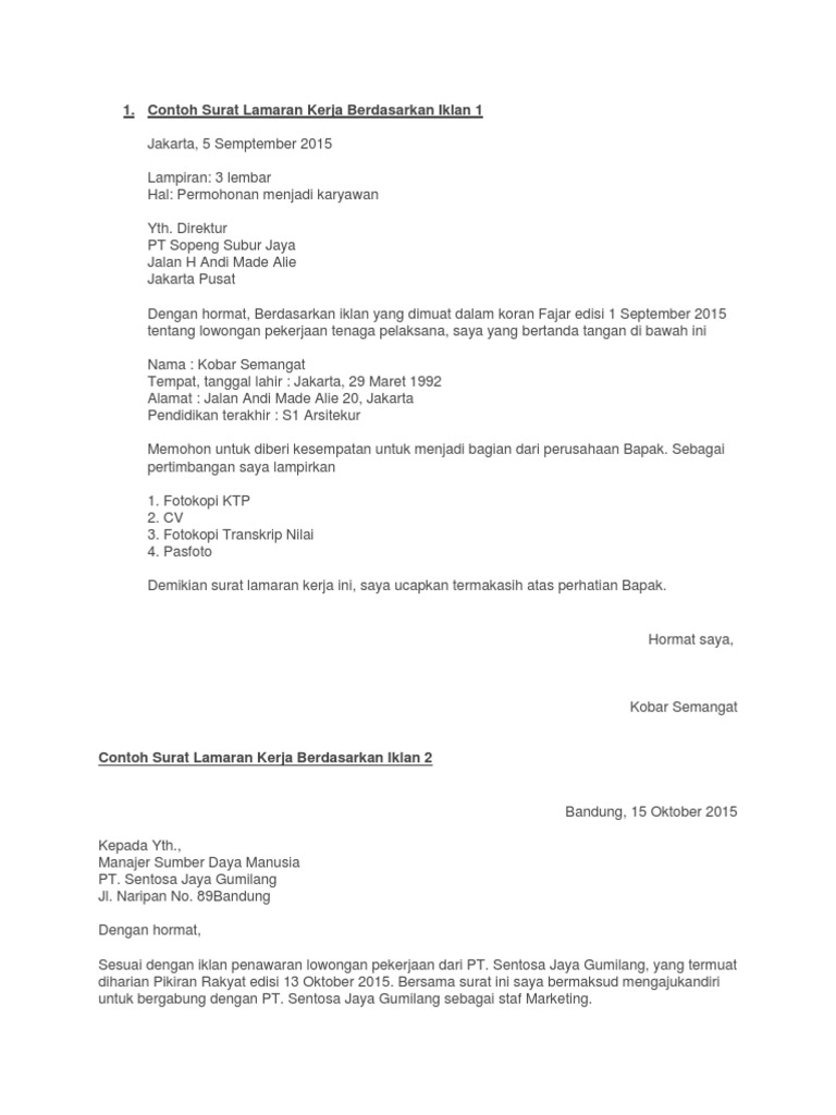 Contoh Lamaran Pekerjaan Berdasarkan Iklan - My Ads