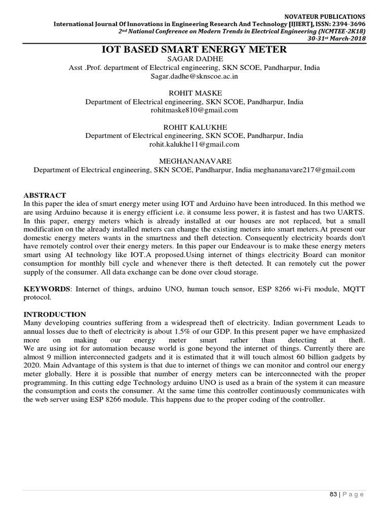 Iot Based Smart Energy Meter PDF Of Things Arduino