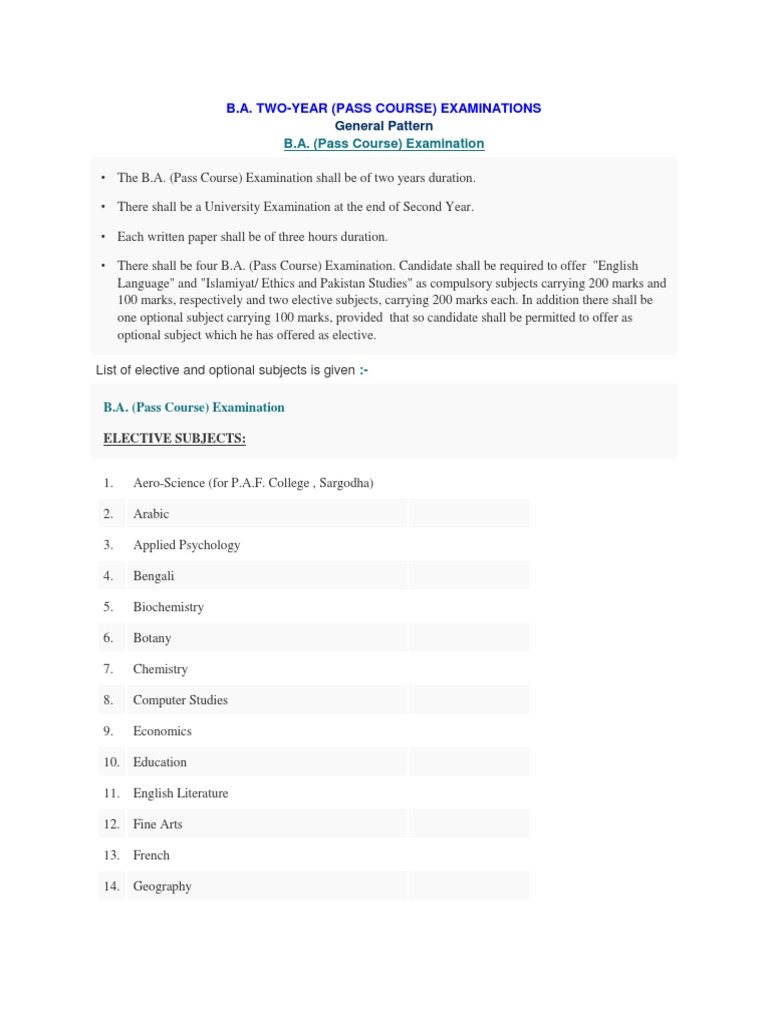 B.A. Pass Course Exam Subjects | PDF | Bachelor's Degree | Master Of ...