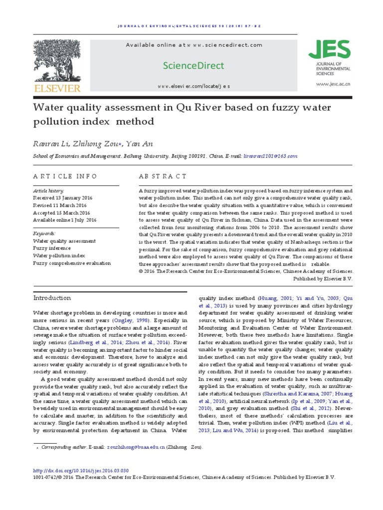Water Quality Assessment in Qu River Based On Fuzzy Water Pollution ...