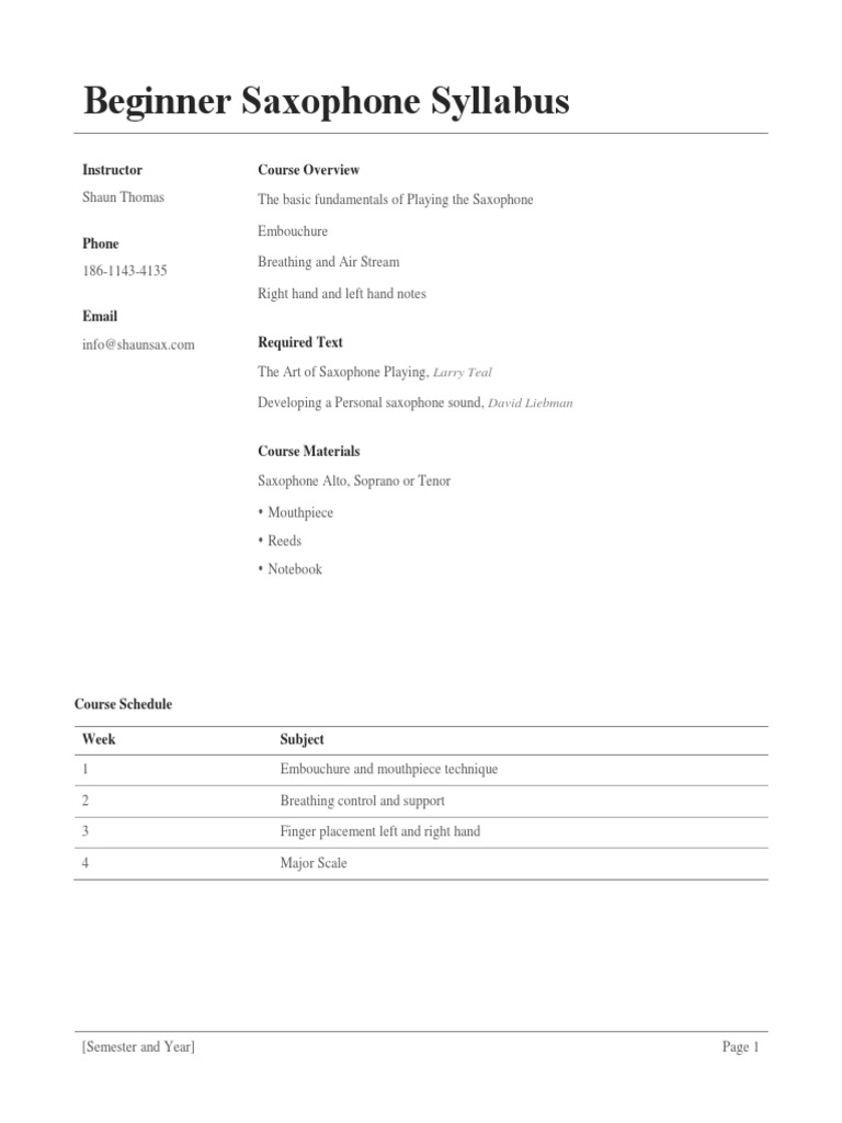 Beginner Saxophone Syllabus | PDF