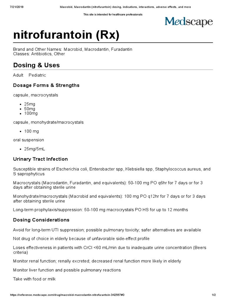 Macrobid, Macrodantin (nitrofurantoin) dosing, indications, interactions, adverse effects, and
