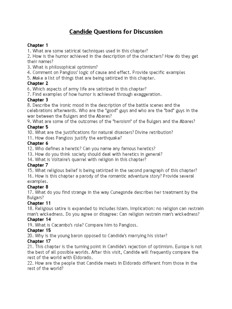 Questions For Discussion PDF Candide Philosophical Theories