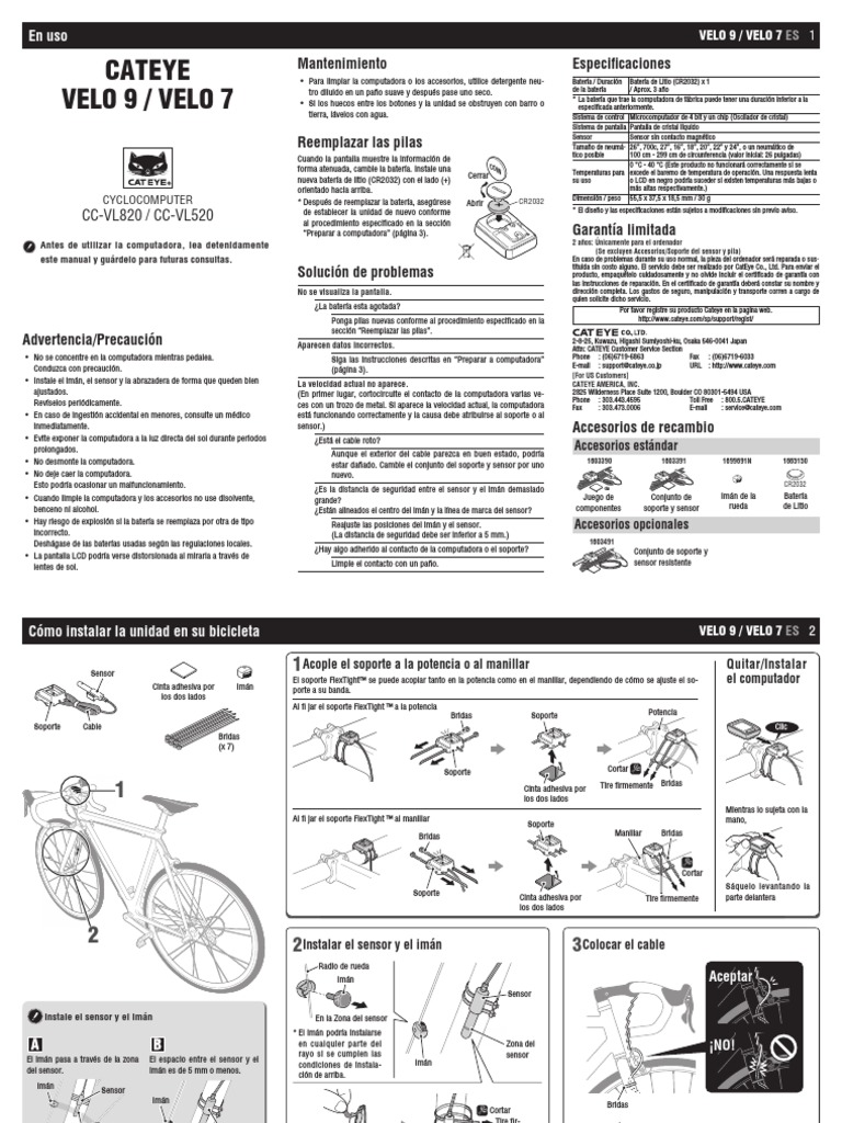 Guía CATEYE Velo 7 PDF Caloría Neumático