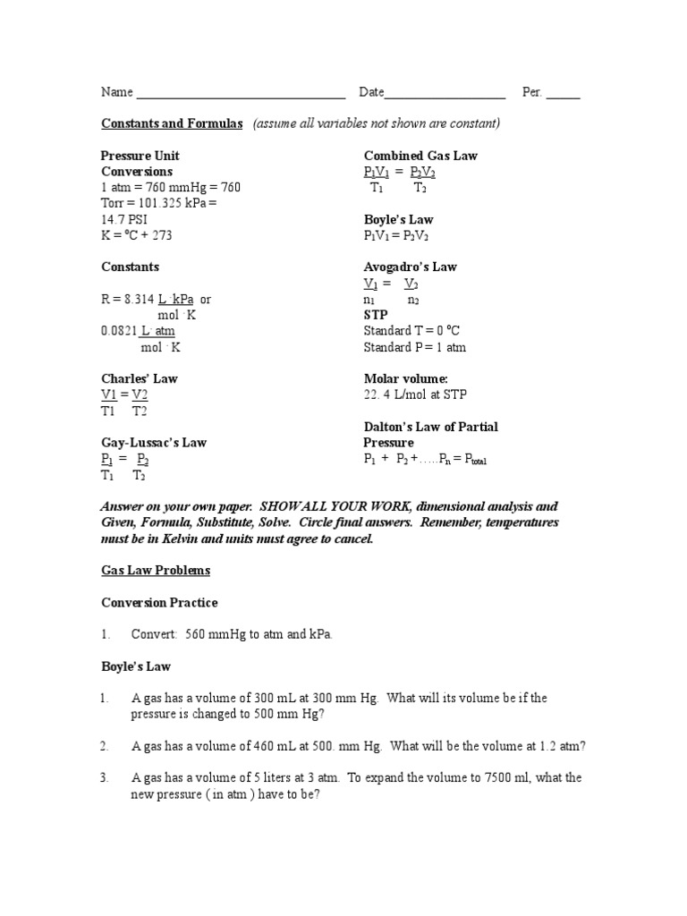 Gas Law Worksheet | PDF | Gases | Mole (Unit)