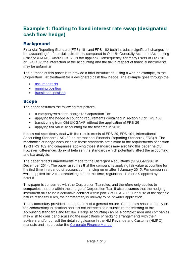 Corporation Tax Treatment of a Designated Cash Flow Hedge An Example