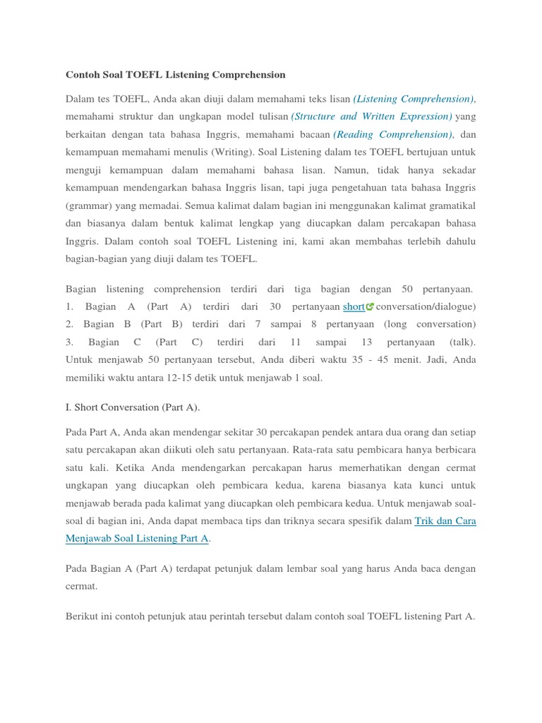 Contoh Soal Toefl Listening Prehension