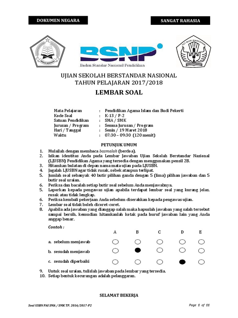 Soal Usbn Pai Sma SMK k13 2018 (P 2) Susulan Final PDF