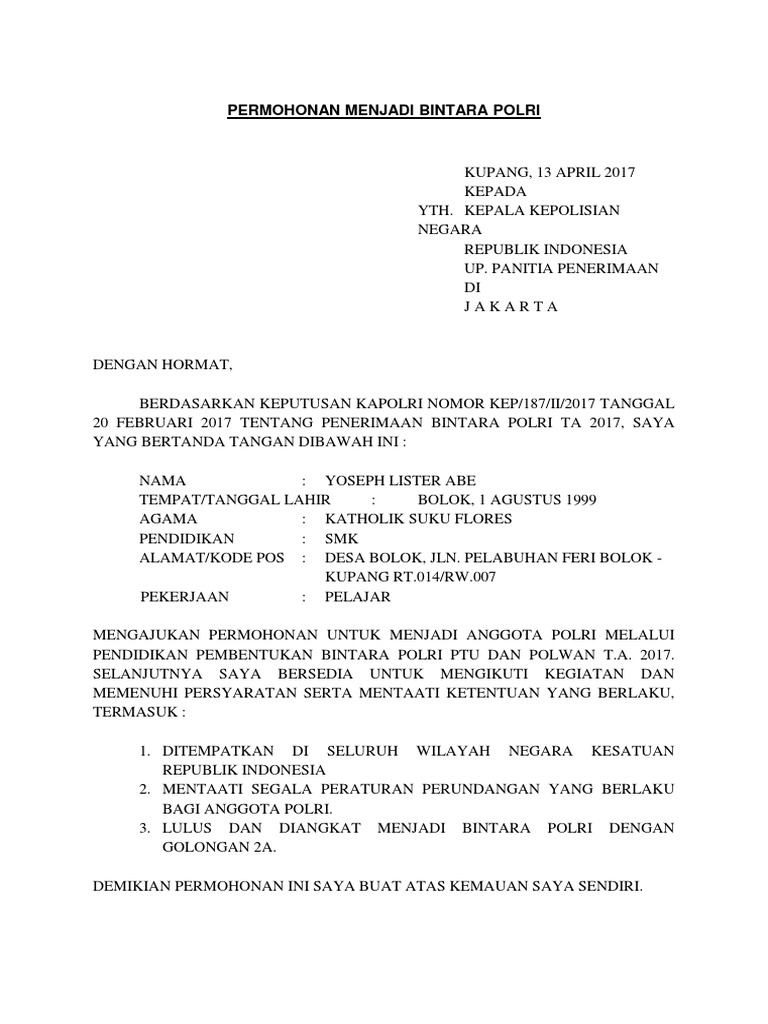 Contoh Surat Permohonan Menjadi Bintara Polri Berbagai Contoh