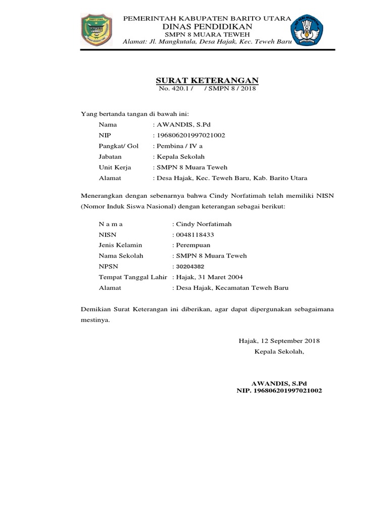 Surat Validasi Nisn