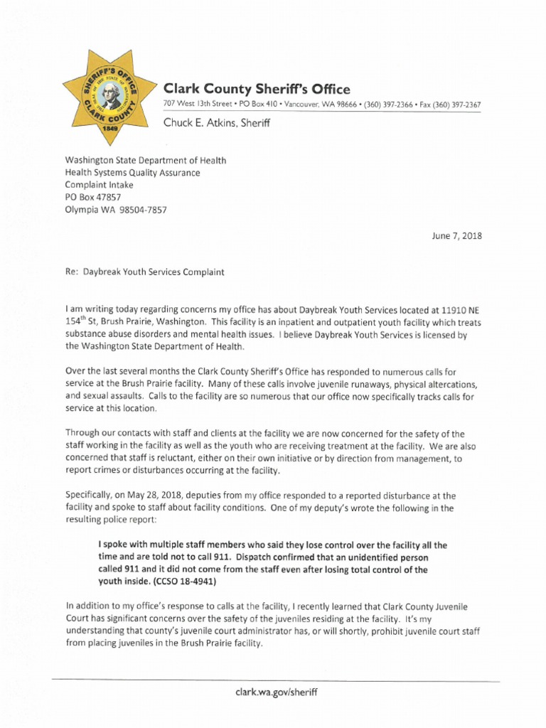 Daybreak Youth Services Complaint Letter PDF