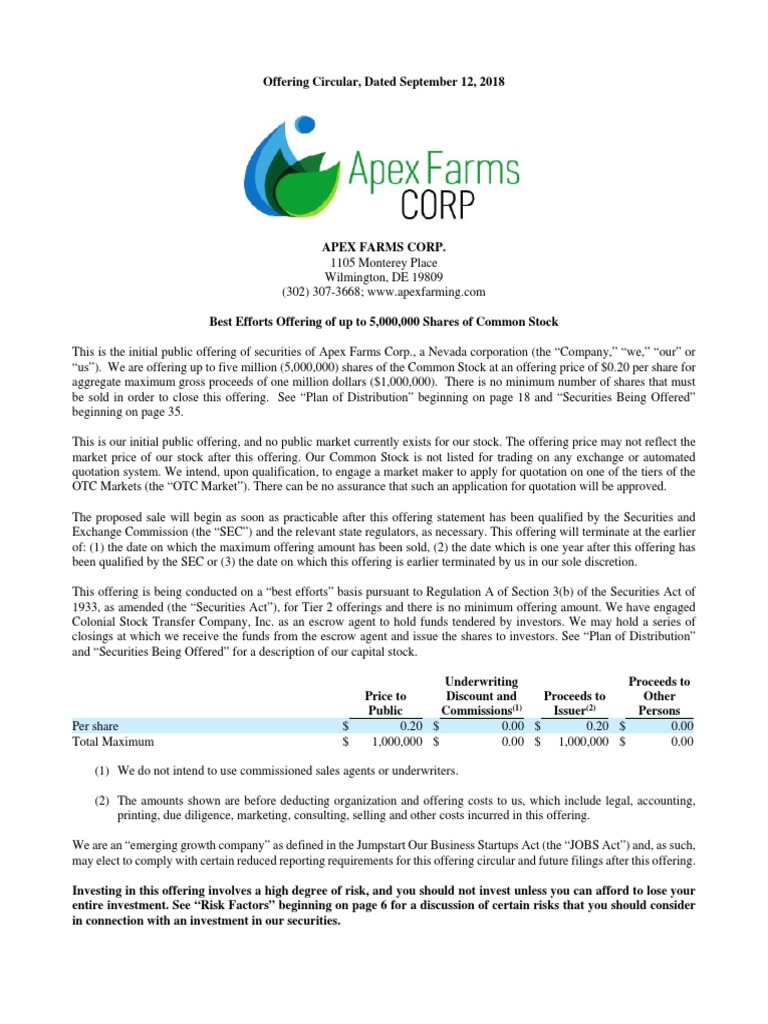 Final Offering Circular Stocks Investing