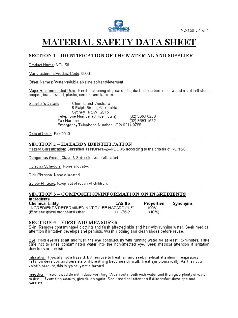 ND150_MSDS Personal Protective Equipment Dangerous Goods