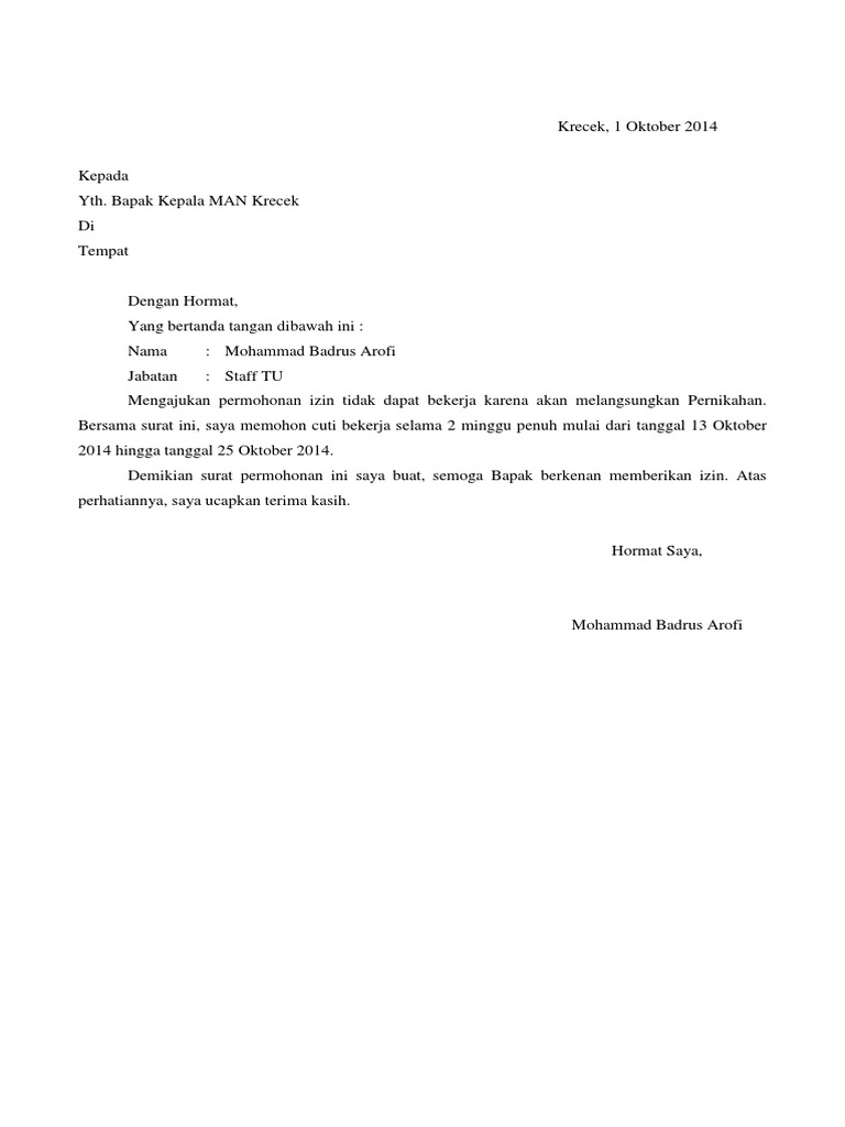 Contoh Surat Izin Cuti Nikah