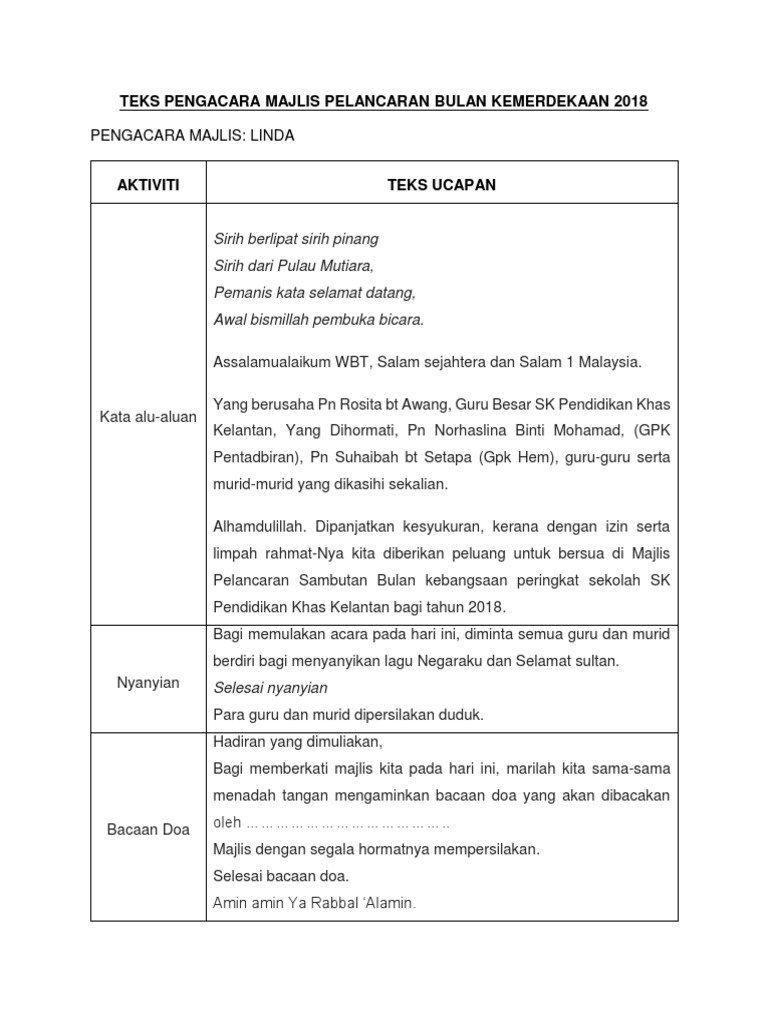 Teks Pengacara Majlis Pelancaran Bulan Kemerdekaan 2018  PDF