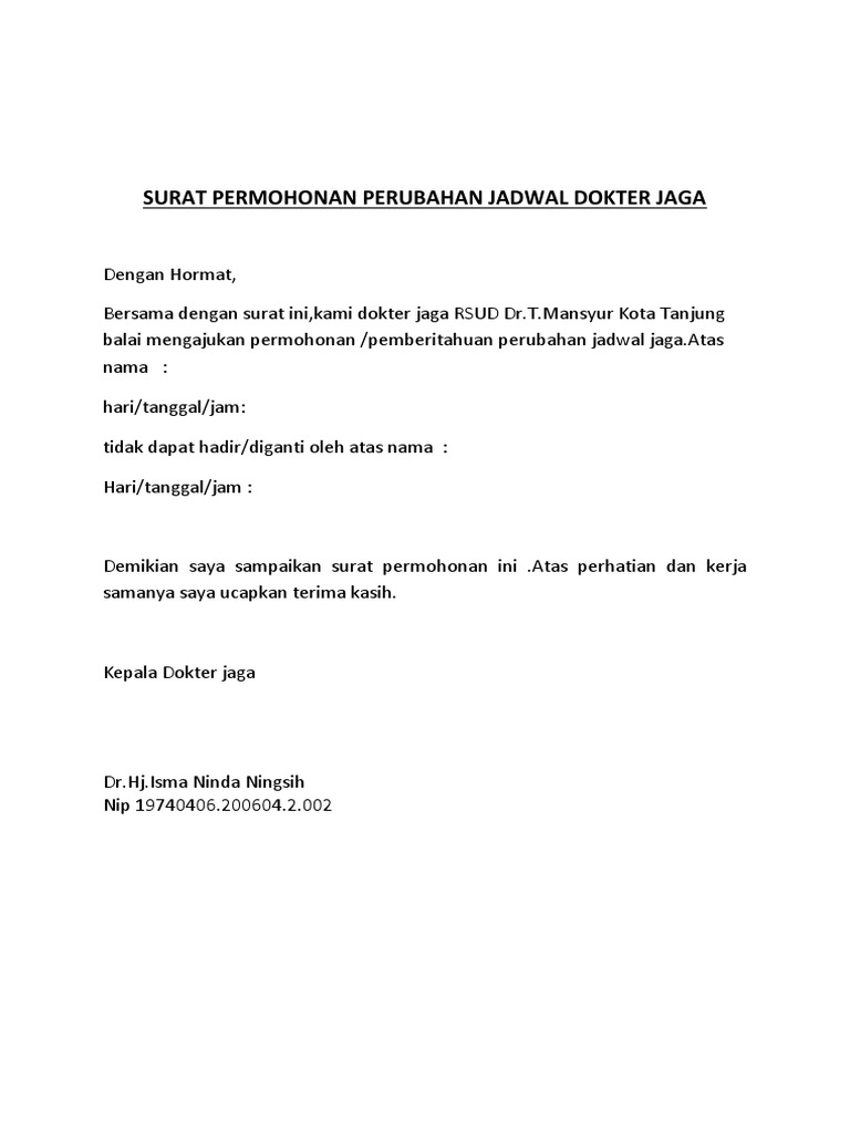 Surat Permohonan Perubahan Jadwal Dokter Jaga