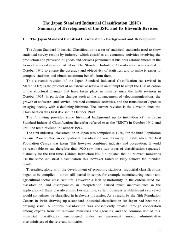 The Japan Standard Industrial Classification (JSIC) Summary of