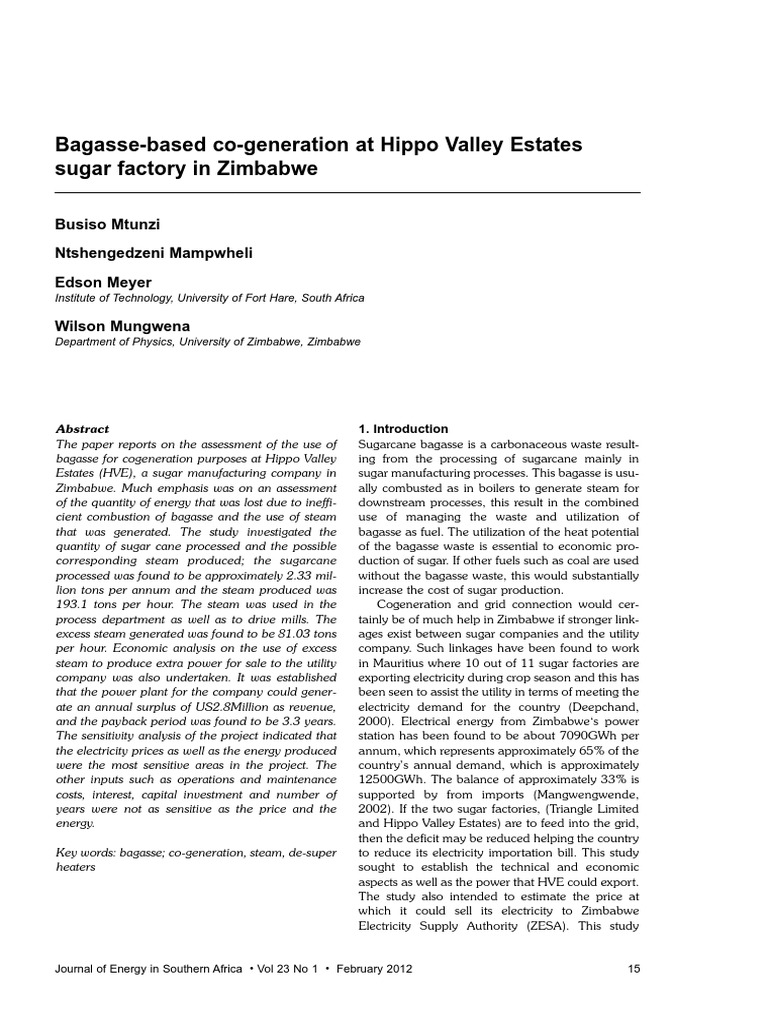 Bagasse Cogeneration at Hippo Valley Estates | PDF | Boiler | Coal