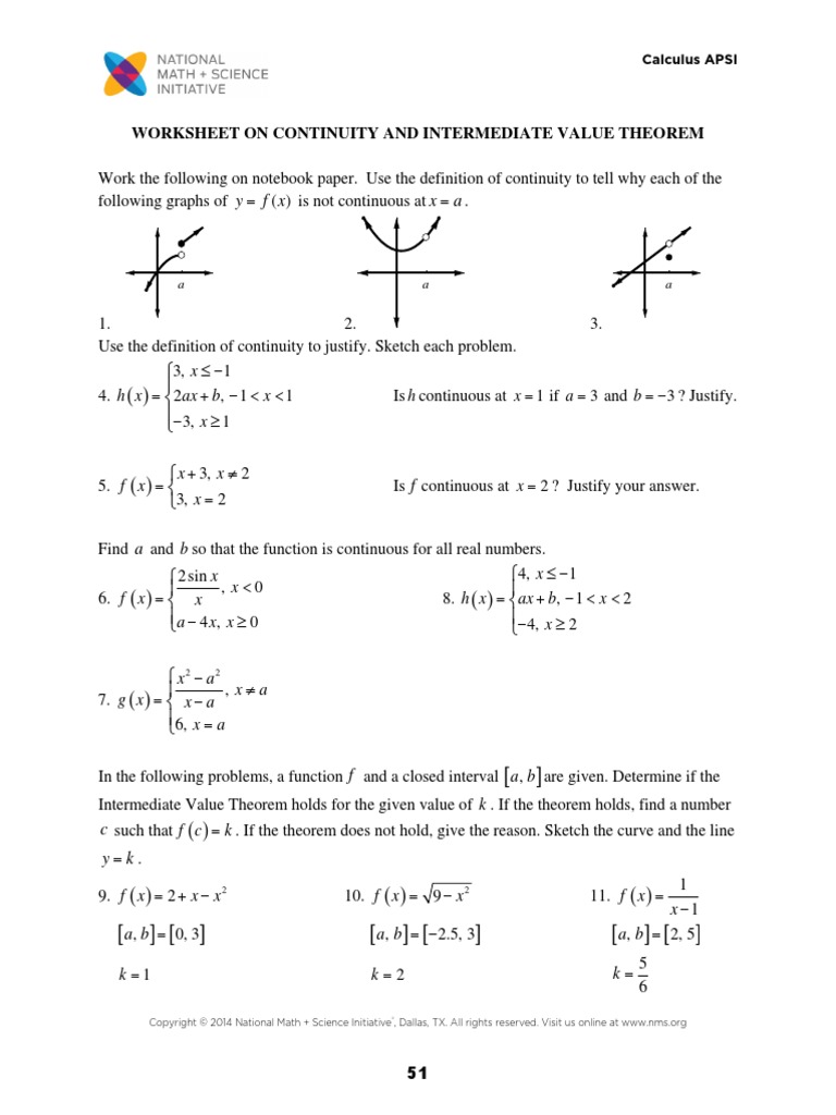 WS Limits Continuity IVT  PDF  Continuous Function  Function For Intermediate Value Theorem Worksheet