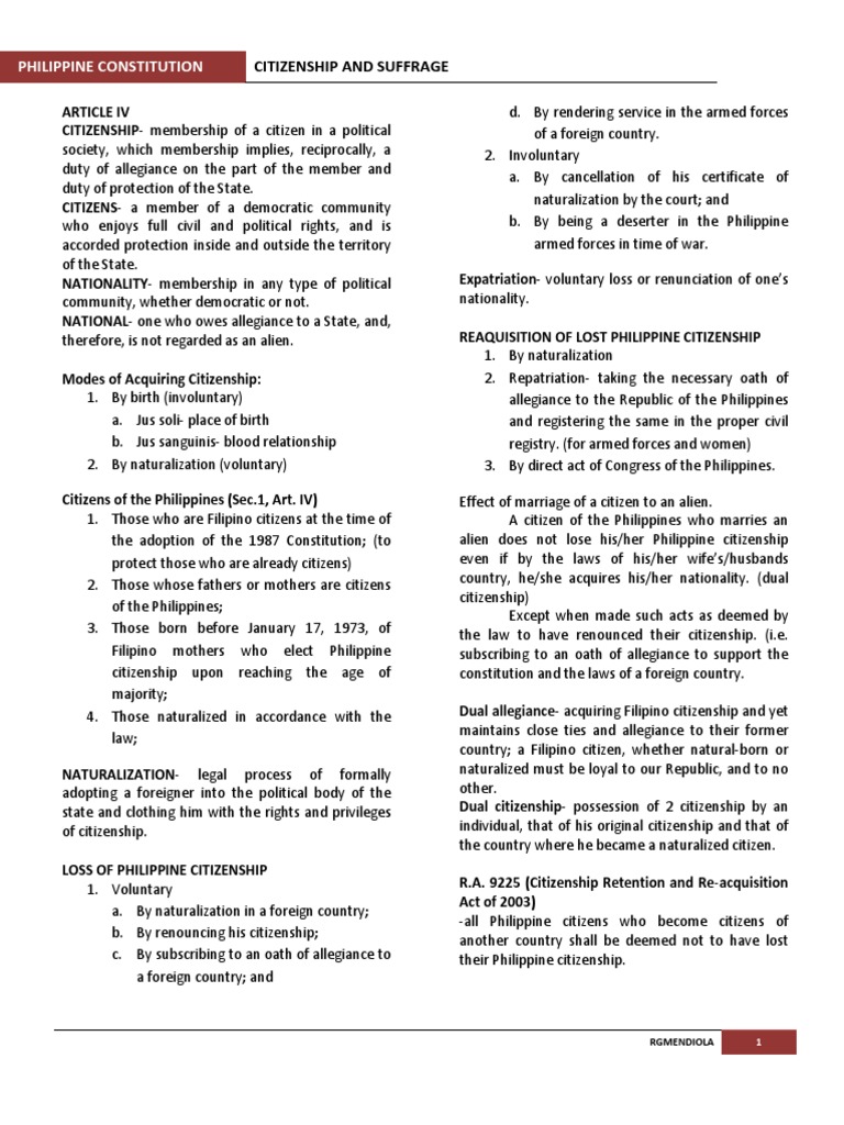 Philippine Citizenship and Allegiance Laws | PDF | Naturalization ...