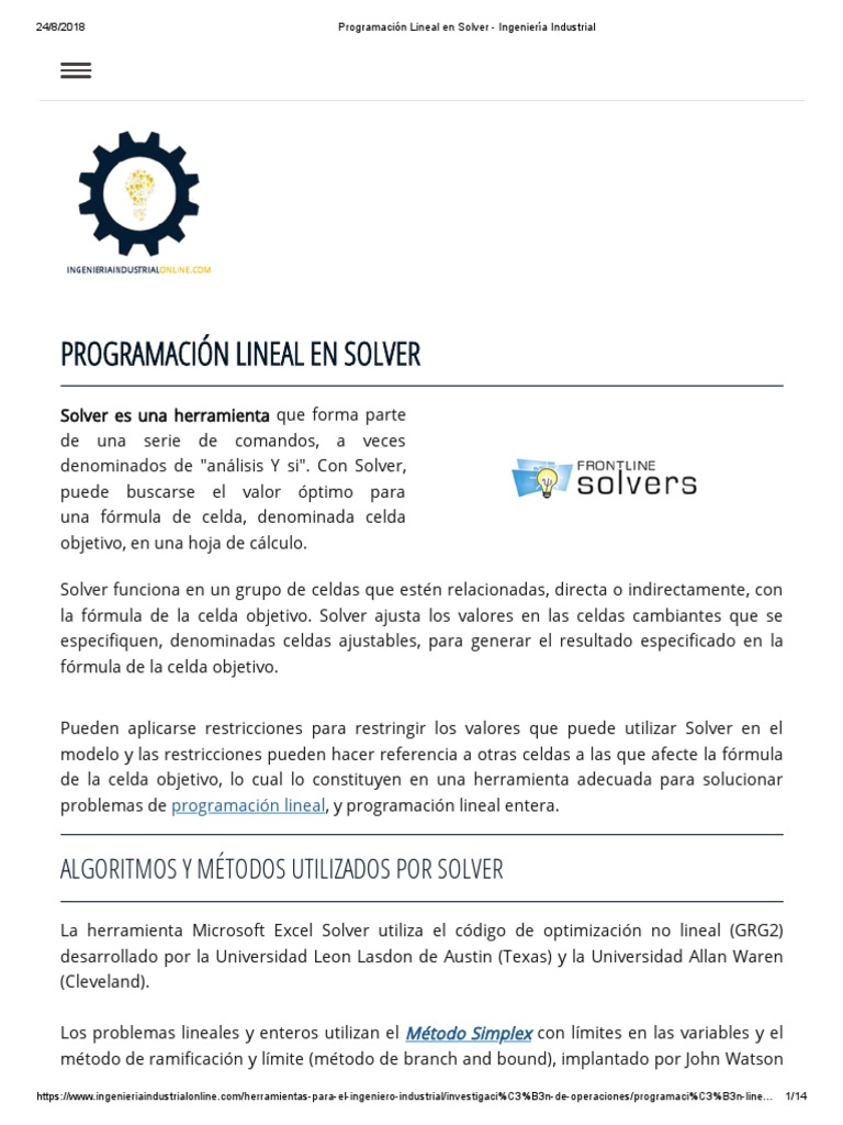 Programacion Lineal En Solver Ingenieria Industrial