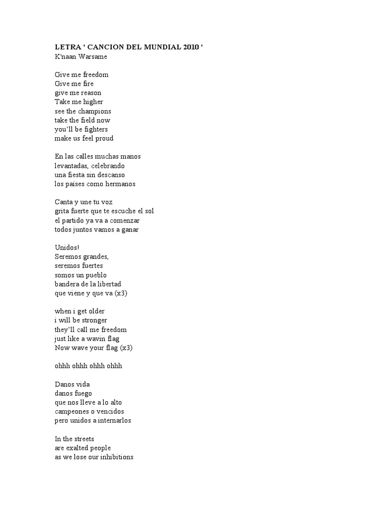 LETRA Cancion Mundial 2010 | PDF