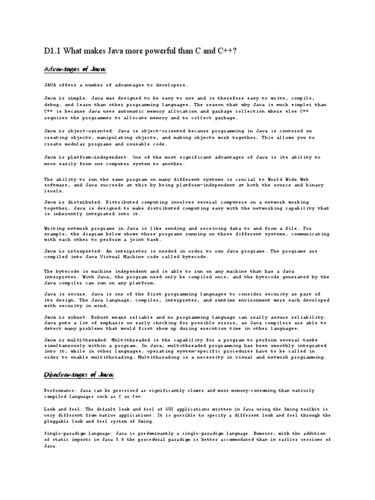 D1.1 What Makes Java More Powerful Than C and C++? PDF Java