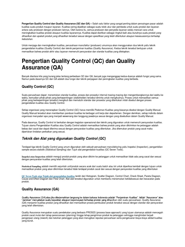Pengertian Quality Control Dan Quality Assurance | PDF